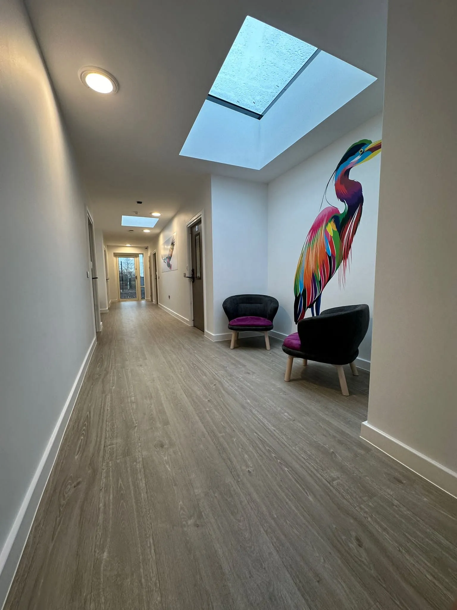 Wood-effect safety vinyl along a corridor under a rooflight, past a heron mural, at Emerald Place Clinic